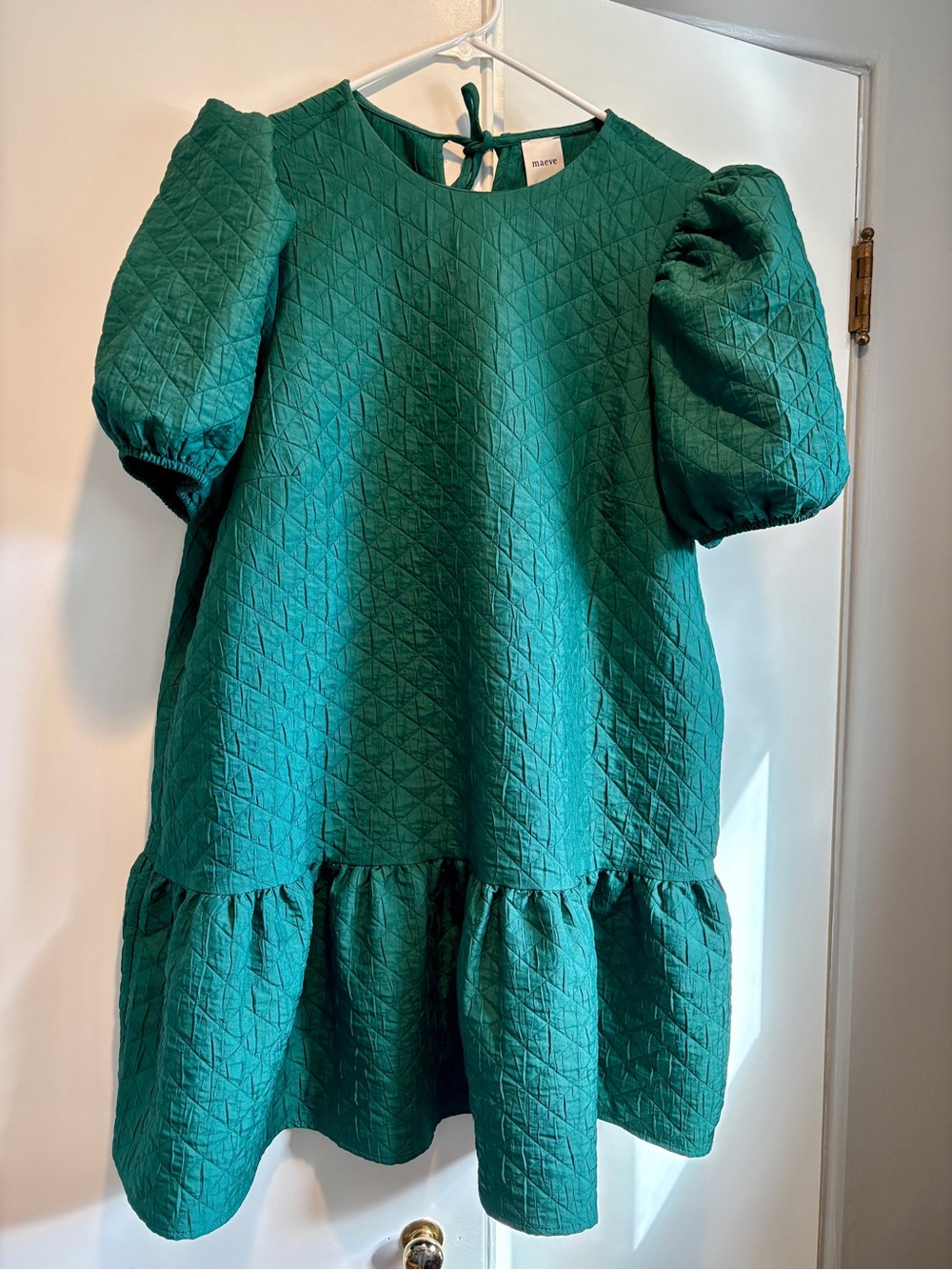 Maeve Green Jacquard Quilted Puff Sleeve Mini Dress Round Neck Size L
